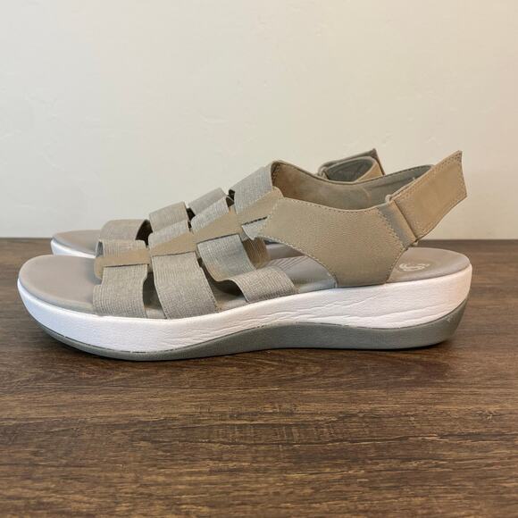 Clarks Size 9W Comfort Wedge Sandals Beige Elastic Slingback Walking Shoes - Picture 2 of 7